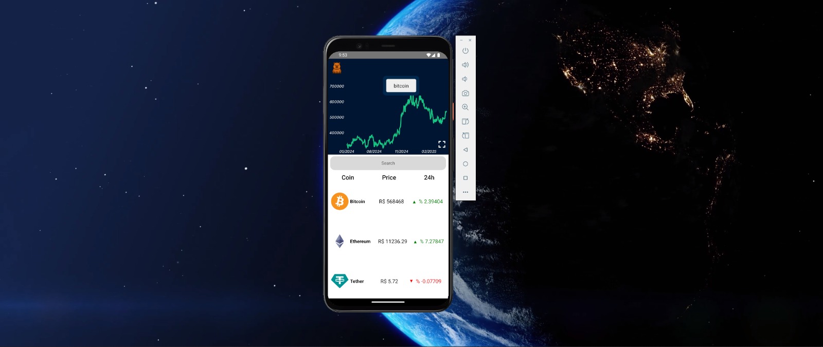 Tela real do aplicativo Avyra Coin com gráfico e listagem de criptomoedas