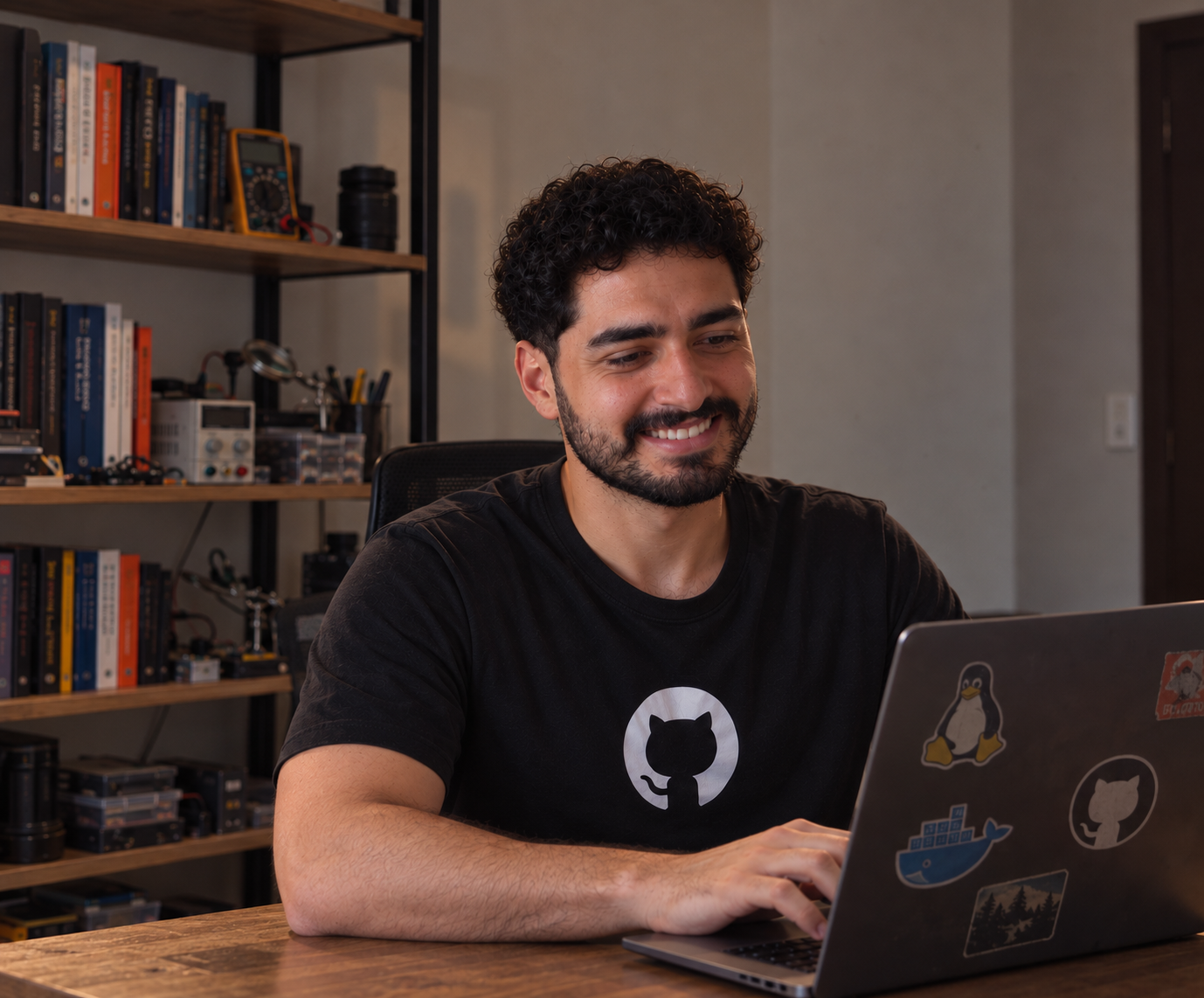 Guilherme Alves trabalhando no notebook em seu espaço de trabalho