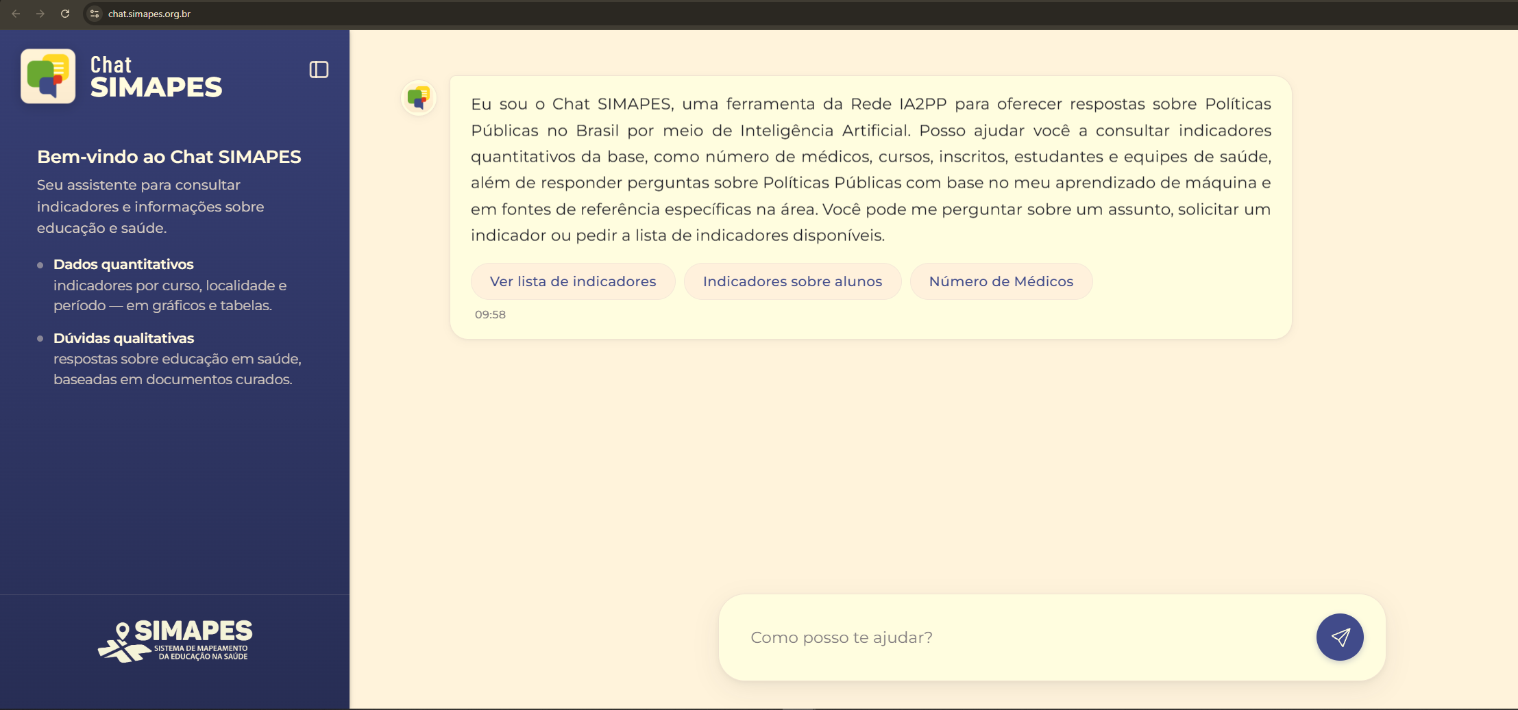 Interface atual do Chat SIMAPES com consulta a indicadores e informações sobre políticas públicas